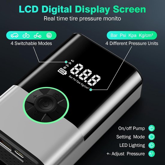 SnelShoppen - Draagbare Mini Luchtcompressor voor Auto, 6000 mAh 150 PSI, Elektrische Fietspomp met Digitale LCD Scherm en LED Zaklamp, Pomp voor Fiet — afbeelding 3
