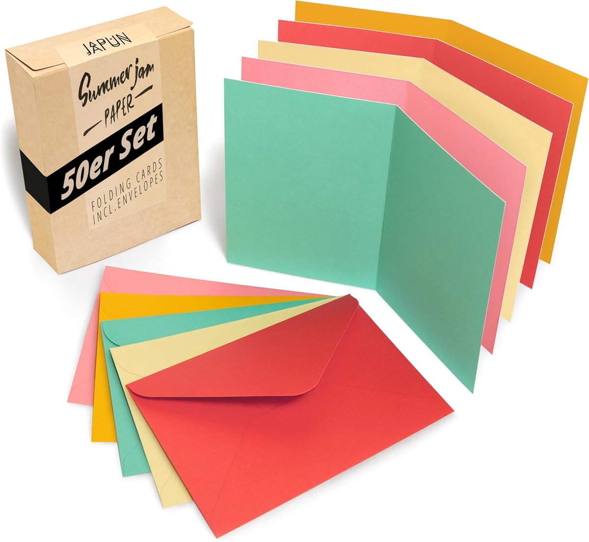 SnelShoppen - 50 Vouwkaarten met 50 Enveloppen A6/C6, Kleurrijke Set van 230 g/m², Dubbele Kaarten voor Schrijven en Printen, Ideaal voor Feesten, Uit