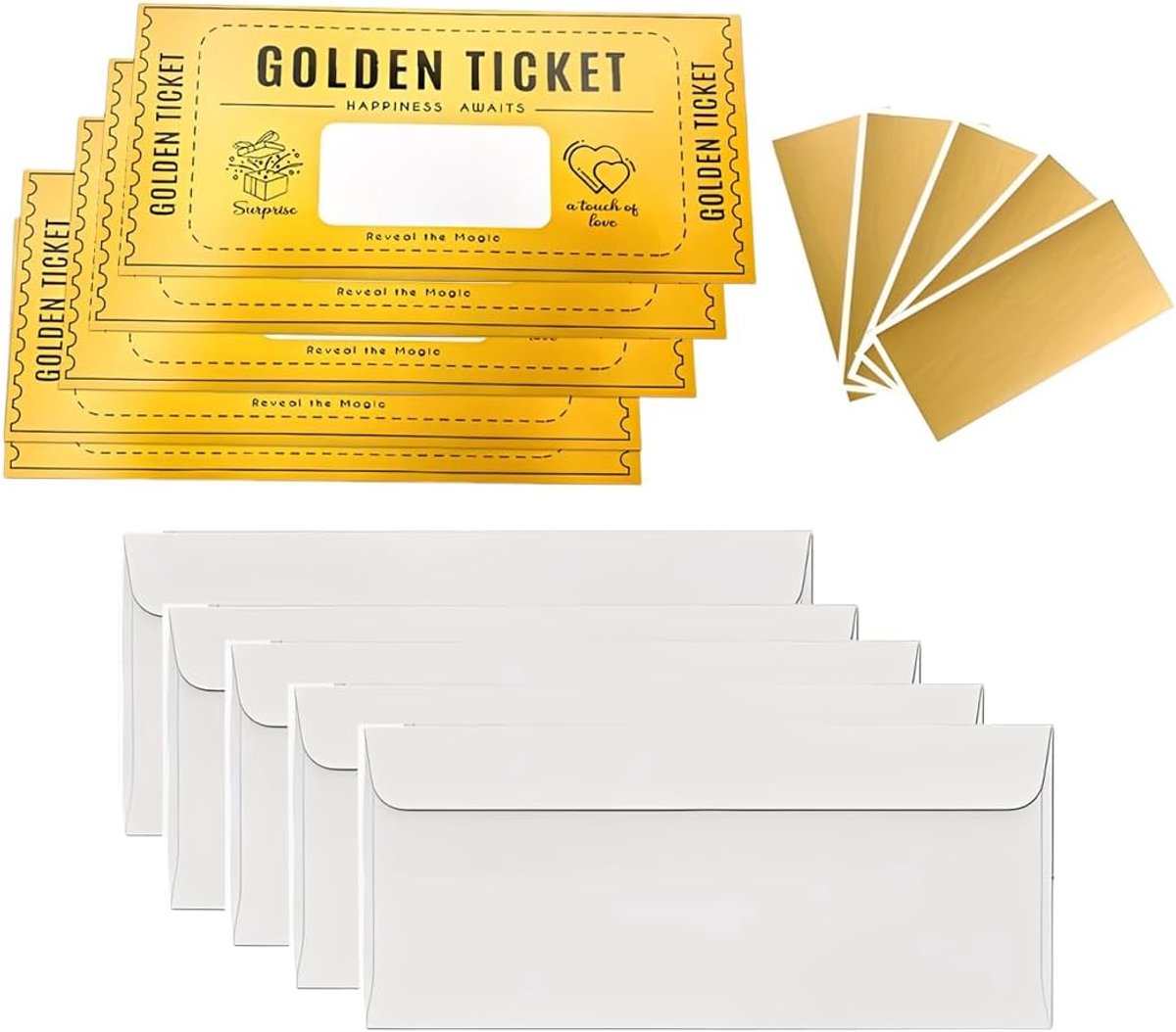 SnelShoppen - Pack van 5 Gouden Vouchers met Rubbelstickers & Enveloppen - Verjaardagscadeau voor Vrouwen, Mannen, Vriendin, Moeder, Kinderen, Persoon