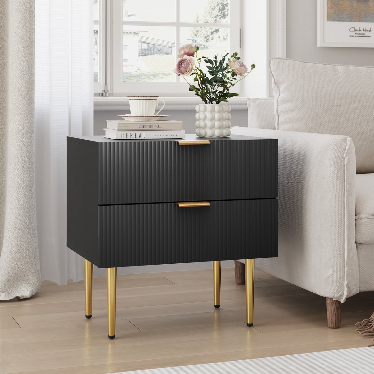 Wishdor - Nachtkastje - Ribbelstructuur - 2 lades en metalen poten - Modern - Slaapkamer of als bijzettafel - Houtlook en metaal - Zwart - 53 x 41,5 x 52,5 cm