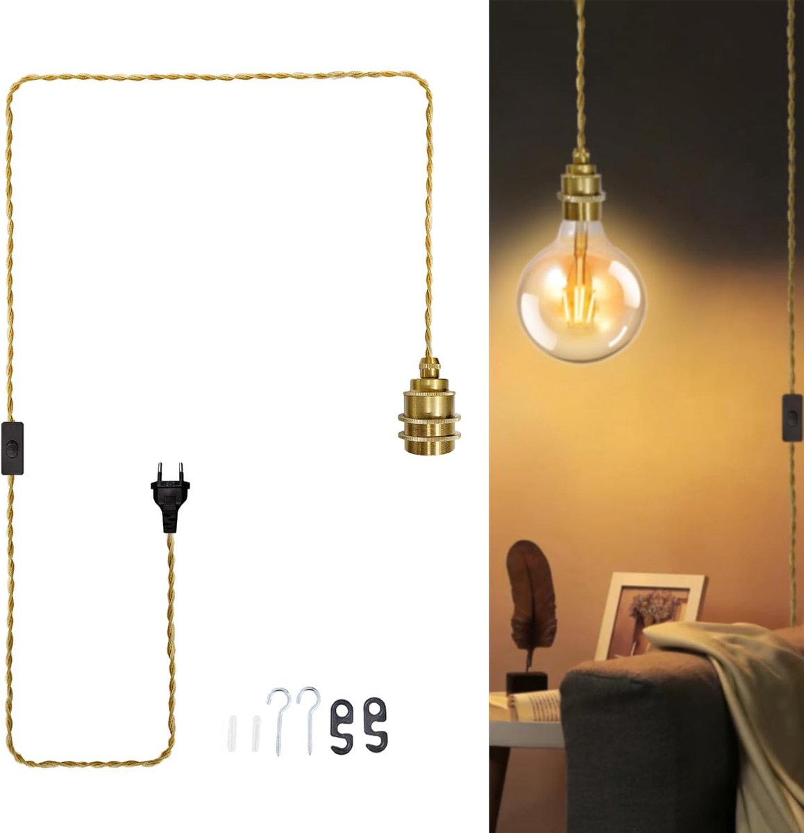 Thijox - Gouden hanglamp met stekker, E27 fitting, 350 cm textielkabel, vintage touw hanglamp voor keuken, slaapkamer, 60W max, moderne verlichting