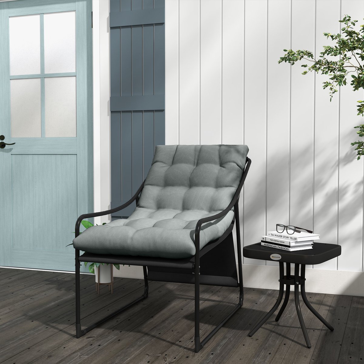 FloraGrace Loungestoel 62 x 110 x 88 cm - Met Dik Zitkussen En Armleuningen - Voor Tuin, Balkon En Terras - Staal - Grijs