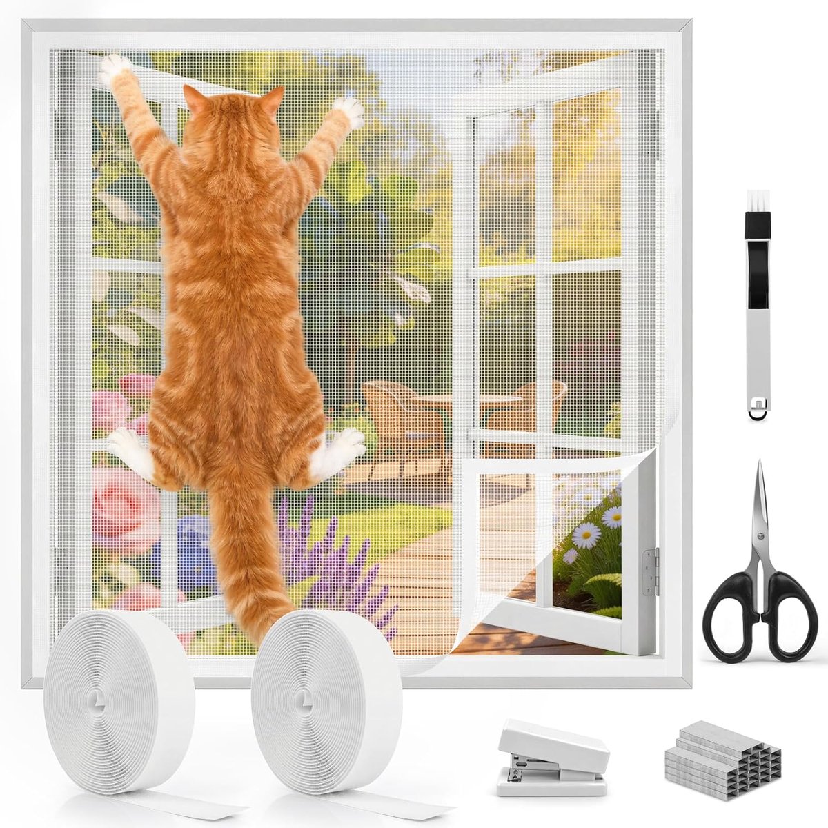 Thijox - Kattenraambescherming 100 x 150 cm, Zelfklevend Vliegengaas, Verstelbaar Doe-Het-Zelf Raamgaas voor Katten met Borstel, Schaar en Nietmachine