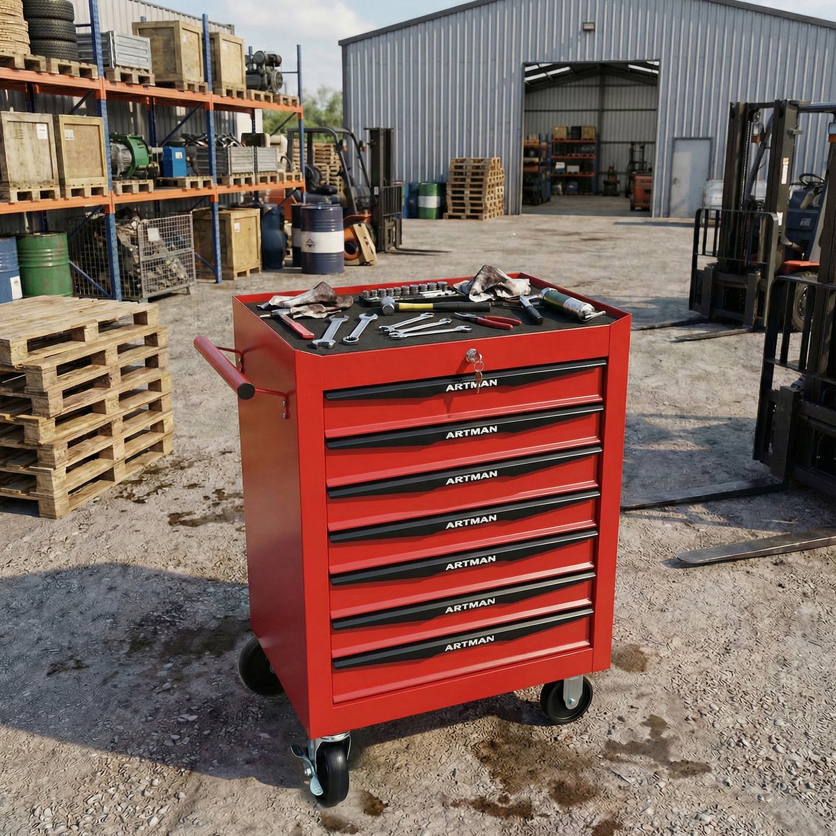 DESMIU Gereedschapskar – 7 Lades Met Wielen En Slot – 60 x 33 x 77,5 cm – Koudgewalst Staal – Rood Zwart – Garage En Werkplaats