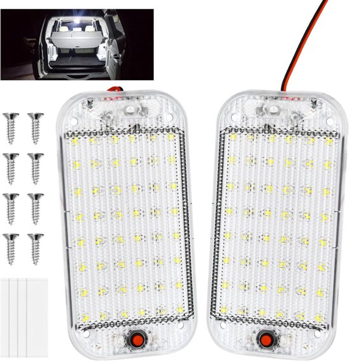 48 led-binnenverlichting auto, 2 stuks, superhelder, 800 lumen, 12 V, met schakelaar, 6000 K, wit licht, voor auto, camper, bus, caravan, boot, vierkant