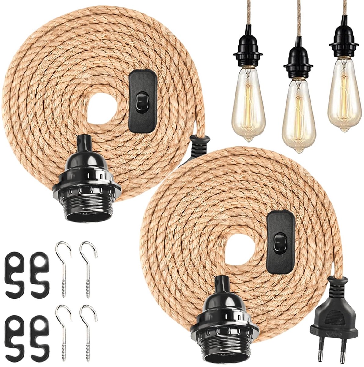 SnelShoppen - E27 Lamphouder met Kabel - 2x 4.5 m Vintage Henneptouw Lampfitting met Schakelaar voor Dining Room, Farmhouse, en Slaapkamer