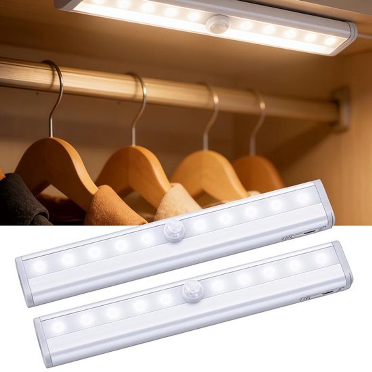 LED Lamp - 2 Stuks - LED Kastverlichting - Sensor lamp - LED Verlichting met Bewegingssensor - Draagbare lamp - 10 LED lampjes - Kledingkastlamp - Gang - Trappenhuis - Slaapkamer - Zelf monteren - 19*3*1.5CM - Wit