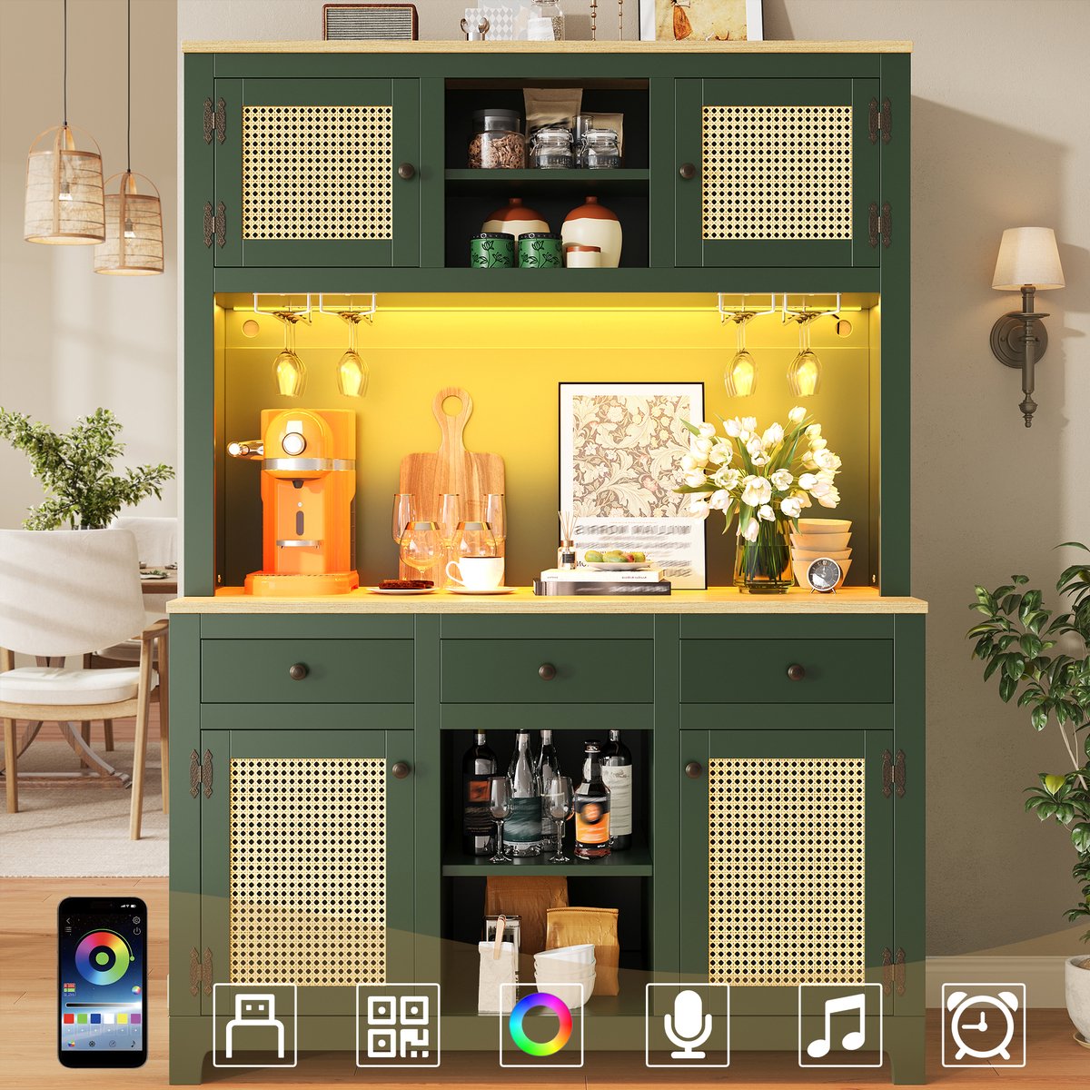 Wishdor - Buffetkast - Hoge opbergkast met lades en verstelbare planken - Vintage - Voor keuken, eetkamer of woonkamer - Houtlook en metaal - Antiekgroen - 120 x 40 x 180 cm