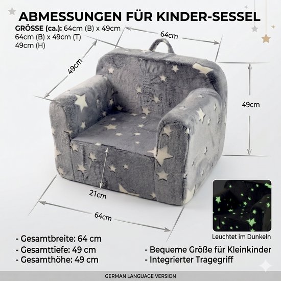 FloraGrace Fauteuil 64 x 49 x 49 cm - Kindersofa Met Armleuningen, Draaggreep En Zijvakken - Voor Kinderkamer Of Speelhoek - Stof En Spons - Grijs Met Sterren van FloraGrace — afbeelding 3