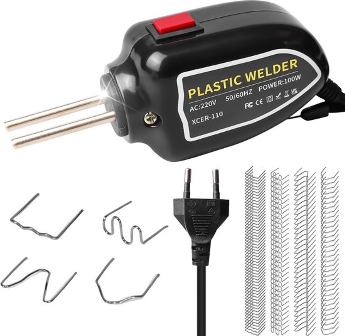 100 W kunststof lasapparaat, bumper reparatieset, kunststof lasapparaat met 200 stuks in 4 soorten lasnagels, kunststof reparatieset, bumperreparatie op auto, max. 500 °C