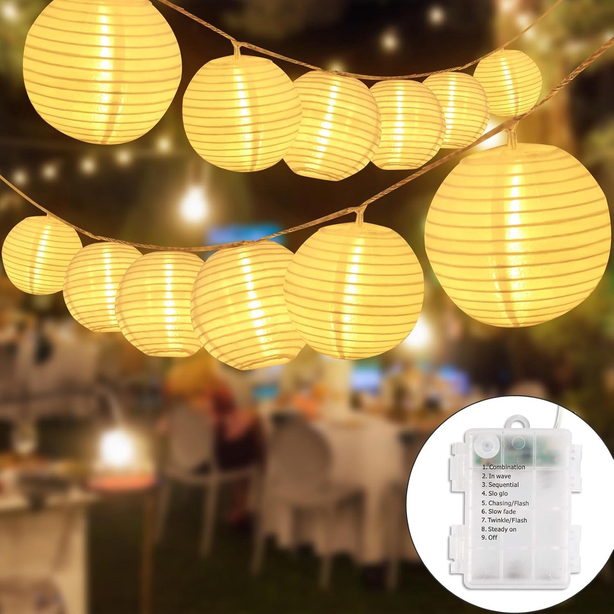 Thijox - 10m Lampion LED-kerstverlichting Waterdicht met Batterij - Decoratieve Warm Witte LED-lantaarnverlichting voor Tuin, Bruiloft, Feest, Kerst,