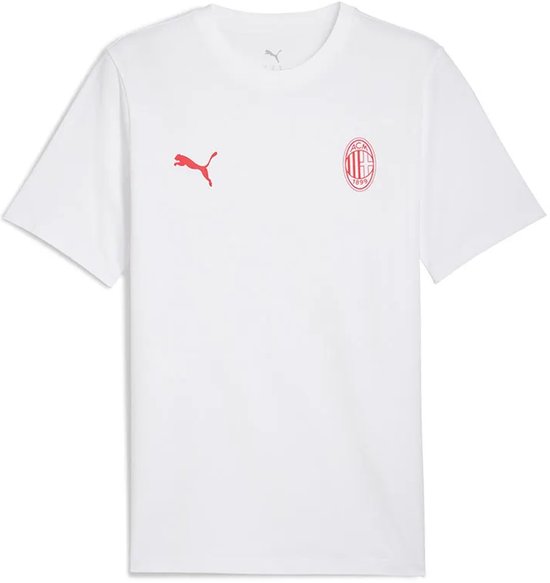 Wit PUMA AC Milan T-shirt met rood PUMA-logo en clubembleem op de borst.