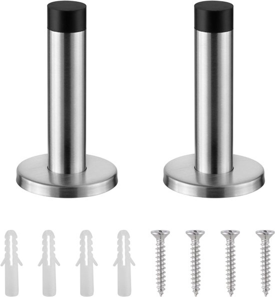 Deurstoppers voor Binnen - 2 stuks - Stoppers - Roestvrijstalen deurstopper - Geborstelde deurstopper - Anti botsing weerstand met rubberen absorber - Beschermer voor de sluitdeurwand - Zilver - 90*50mm
