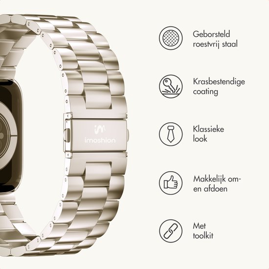 Sluiting van het zilverkleurige metalen smartwatchbandje met het 'imoshion'-logo.