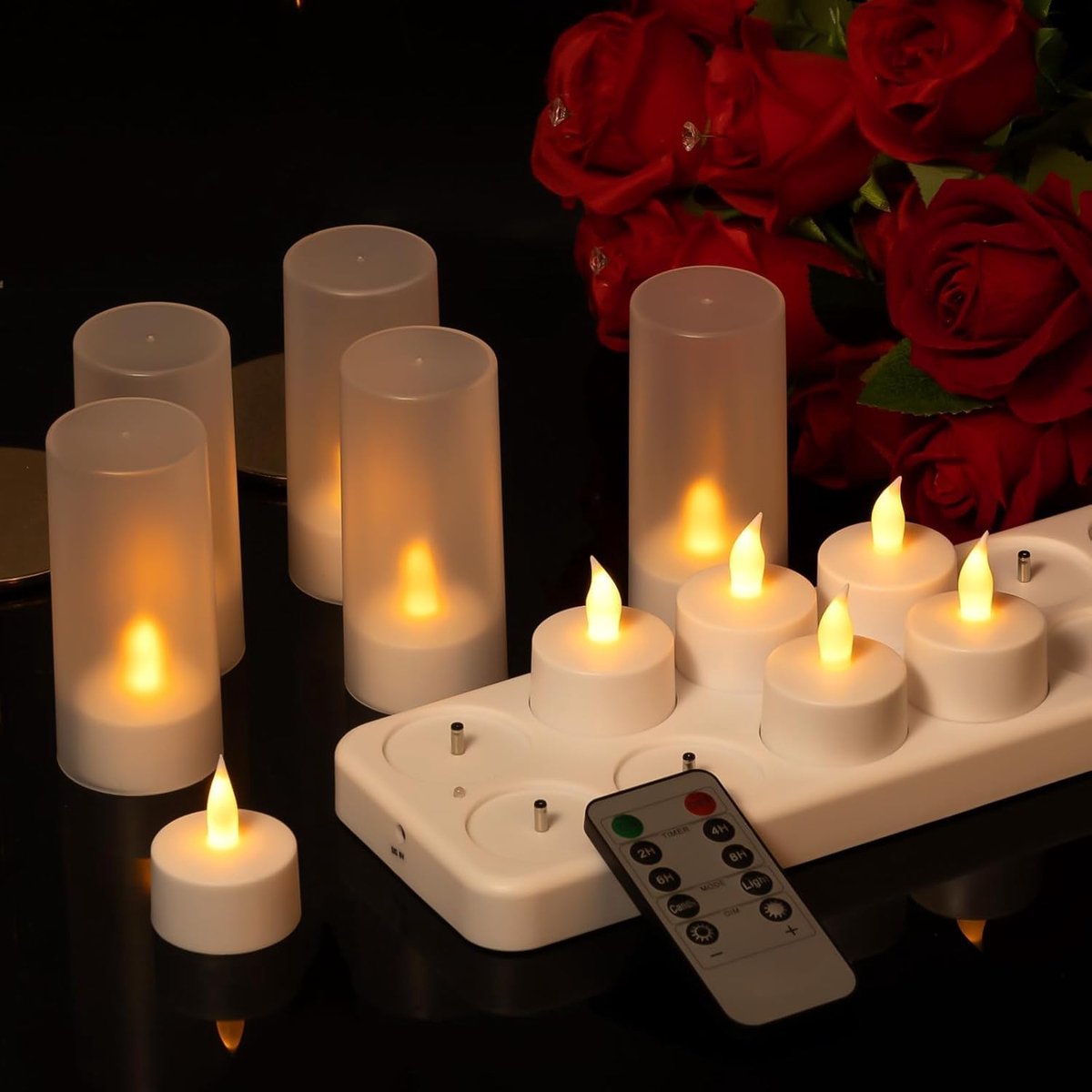 SnelShoppen - 12x Oplaadbare LED Theelichten met Flicker Timer en Oplaadstation - Elektronische Kaarsen met Afstandsbediening voor Feest, Halloween, K