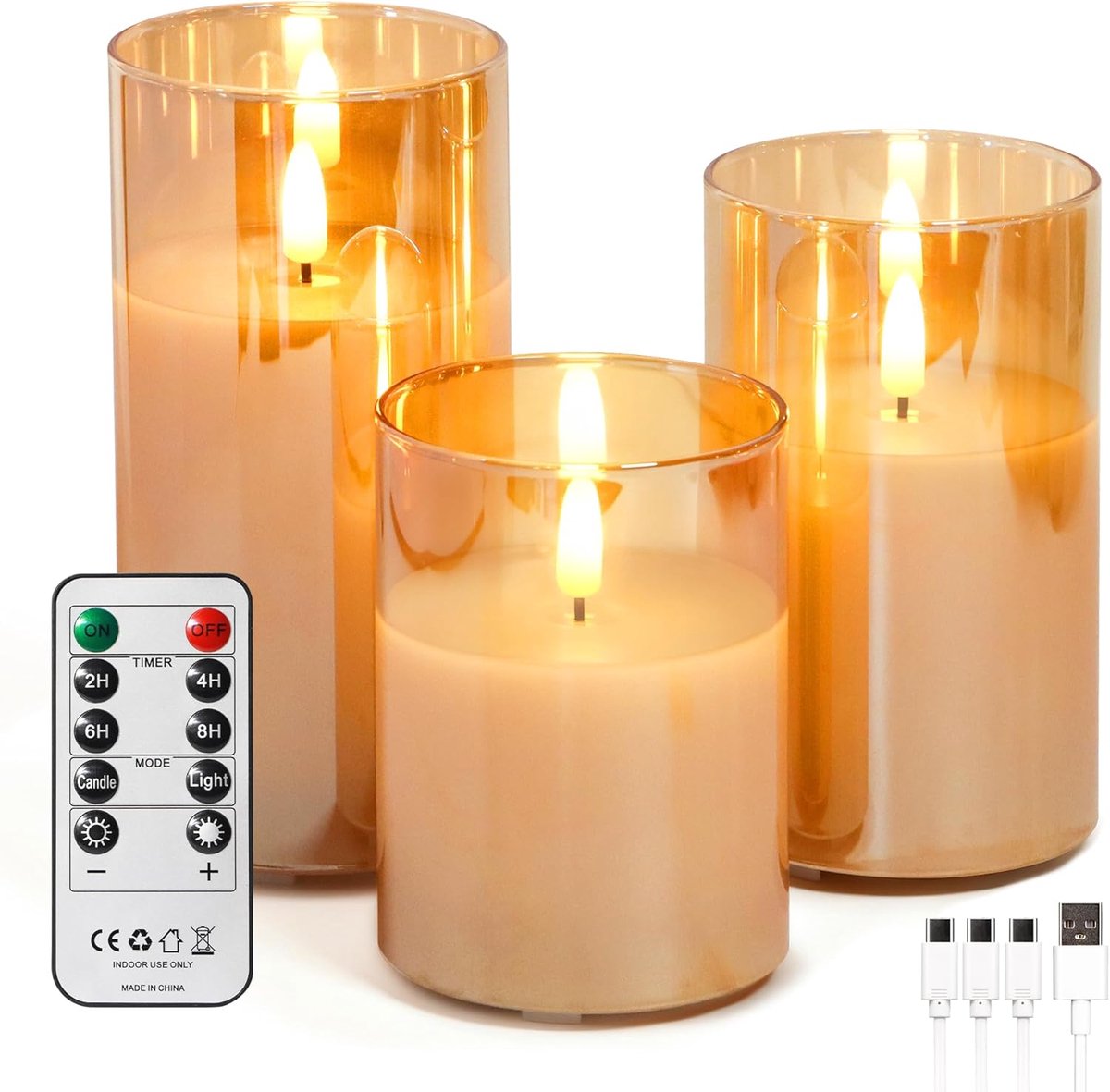 SnelShoppen - Set van 3 USB Oplaadbare LED Kaarsen in Goud Glas met Afstandsbediening en Timer, Vlamloze Pillar Kaarsen van Echt Was, Flickering Warm