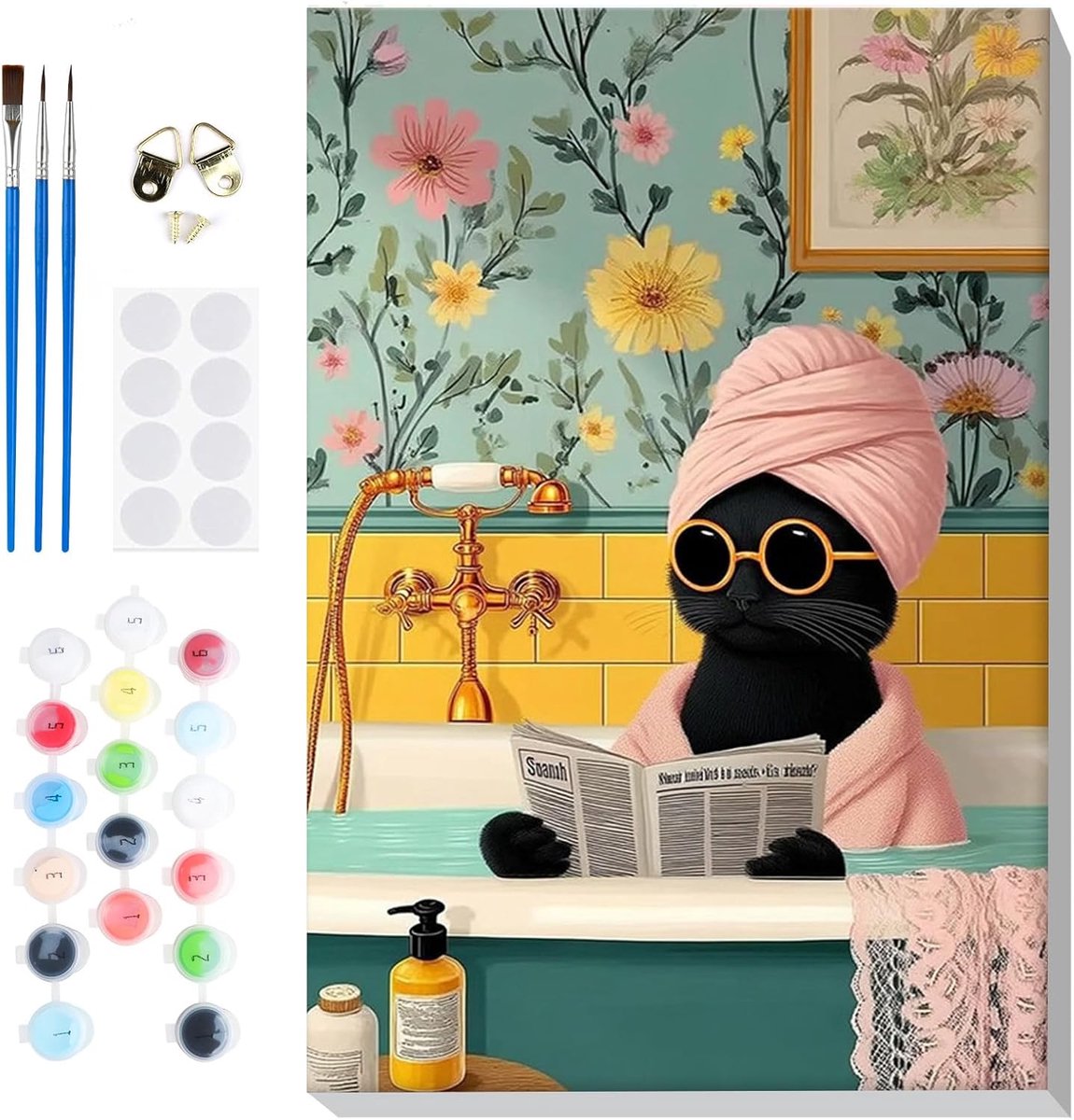 SnelShoppen - Paint by Numbers Set voor Volwassenen - Zwarte Kat in Bad op Canvas - DIY Acryl Schilderkit met Houten Frame en 3 Penseeltjes - Creatiev