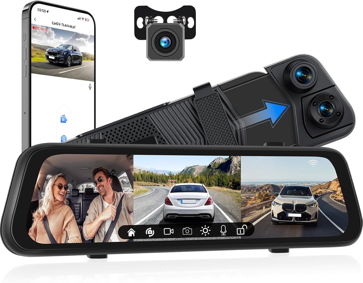SnelShoppen - 3-Kanaals Dashcam met App, 9.66-inch IPS Touchscreen, Nachtzicht, Loopopname, 24-Uur Parkeerbewaking, G-Sensor, Parkeerhulp