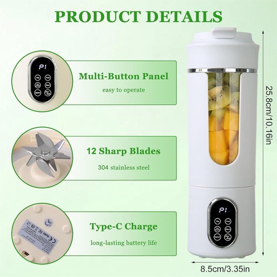 KZQ Draagbare Blender - Oplaadbare blender met digitaal display en grote capaciteit - USB-C-interface, automatische reiniging - Geschikt voor thuis, op reis en tijdens het sporten - 530 ml - Wit van kzq — afbeelding 3