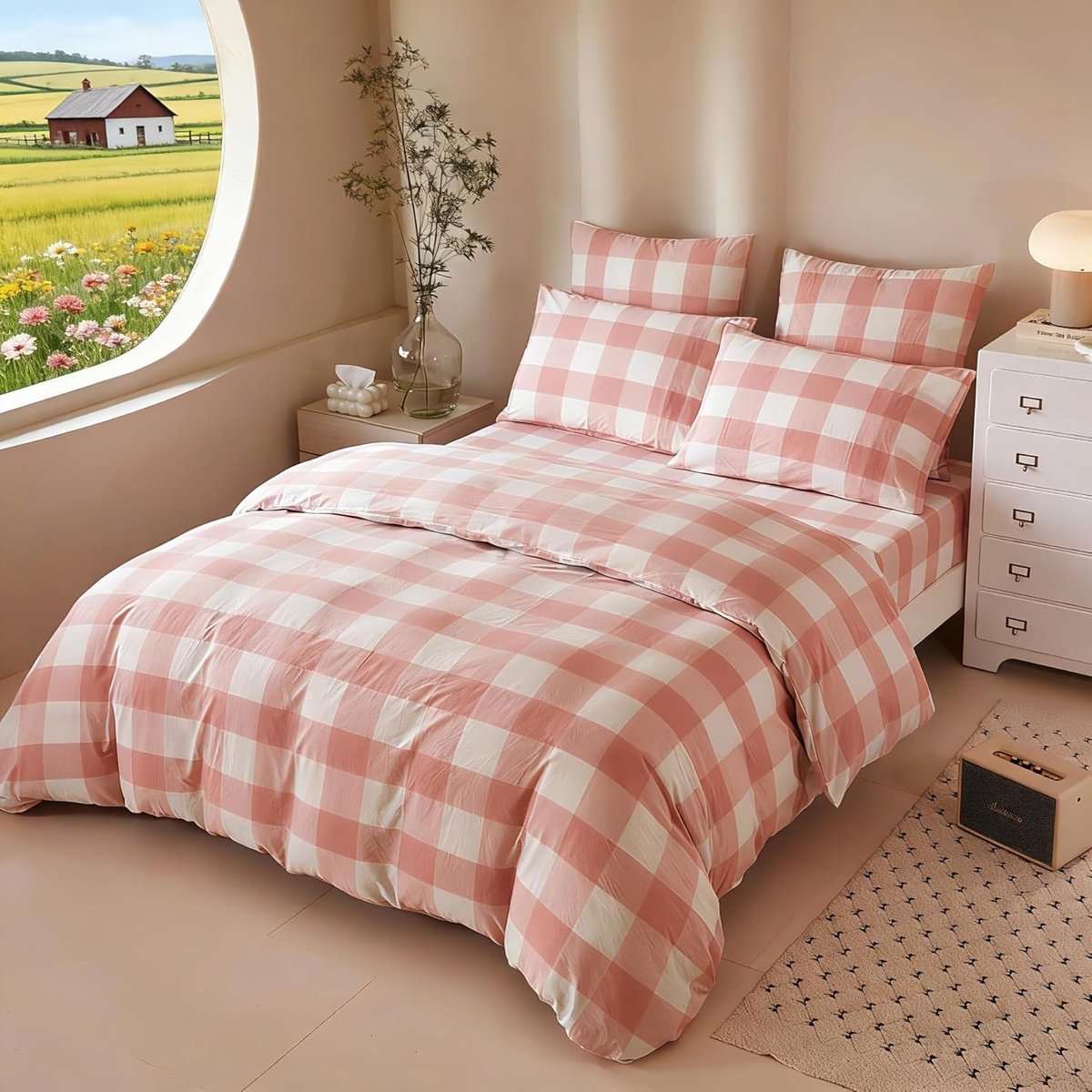 SnelShoppen - Beddengoed 200x220 cm, Roze/Wit Geruit, 100% Gewassen Katoen, Zacht en Ademend, 3-delig met Ritssluiting, Inclusief 2 Kussenslopen 80x80