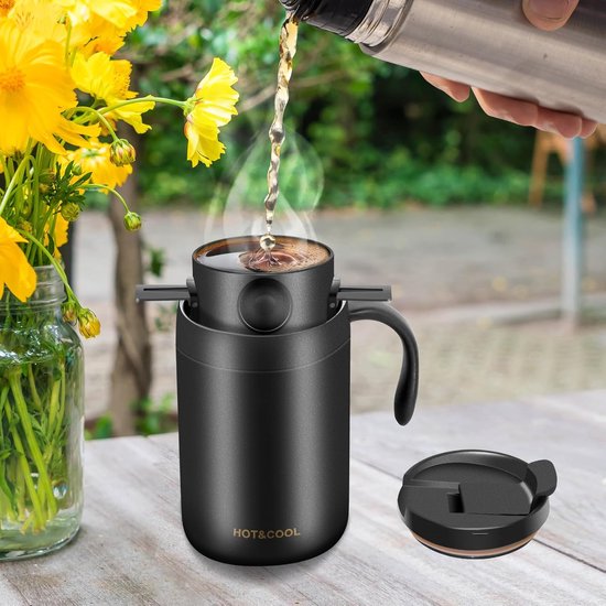 Ulisem - Reiskoffieset - 16 oz draagbare pour-over koffieset met roestvrijstalen beker - Dubbele wand vacuümisolatie - Opvouwbare roestvrijstalen filter zonder papier - Geschikt voor koud en warm - Perfect voor camping, reis en kantoor - Zwart — afbeelding 3