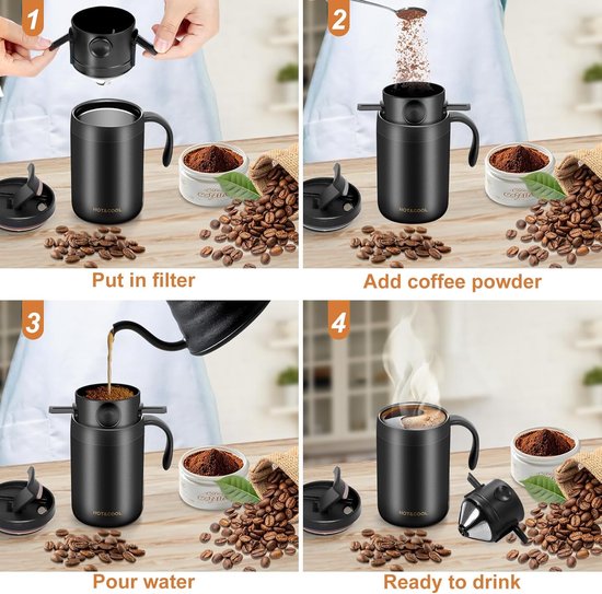 Ulisem - Reiskoffieset - 16 oz draagbare pour-over koffieset met roestvrijstalen beker - Dubbele wand vacuümisolatie - Opvouwbare roestvrijstalen filter zonder papier - Geschikt voor koud en warm - Perfect voor camping, reis en kantoor - Zwart — afbeelding 5