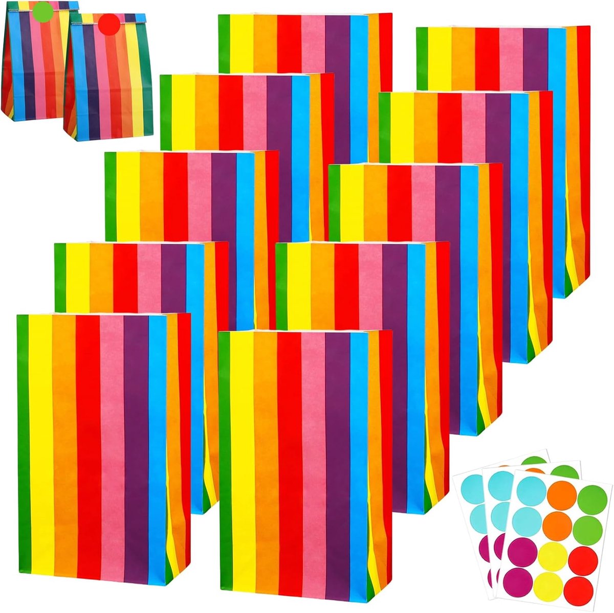 SnelShoppen - Pack van 30 Regenboog Cadeautasjes - Papieren Feesttassen voor Kinderen, Volwassenen en Kleine Verjaardagen - Kraftpapier met 36 Sticker
