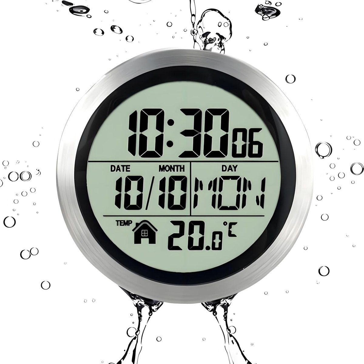 SnelShoppen - Moderne Waterdichte Douch klok met Niet-Tikfunctie, 5 Batterijen, 4 Zuignappen, Tijd, Temperatuur, Datum, Weekdag voor Badkamer, Werkrui