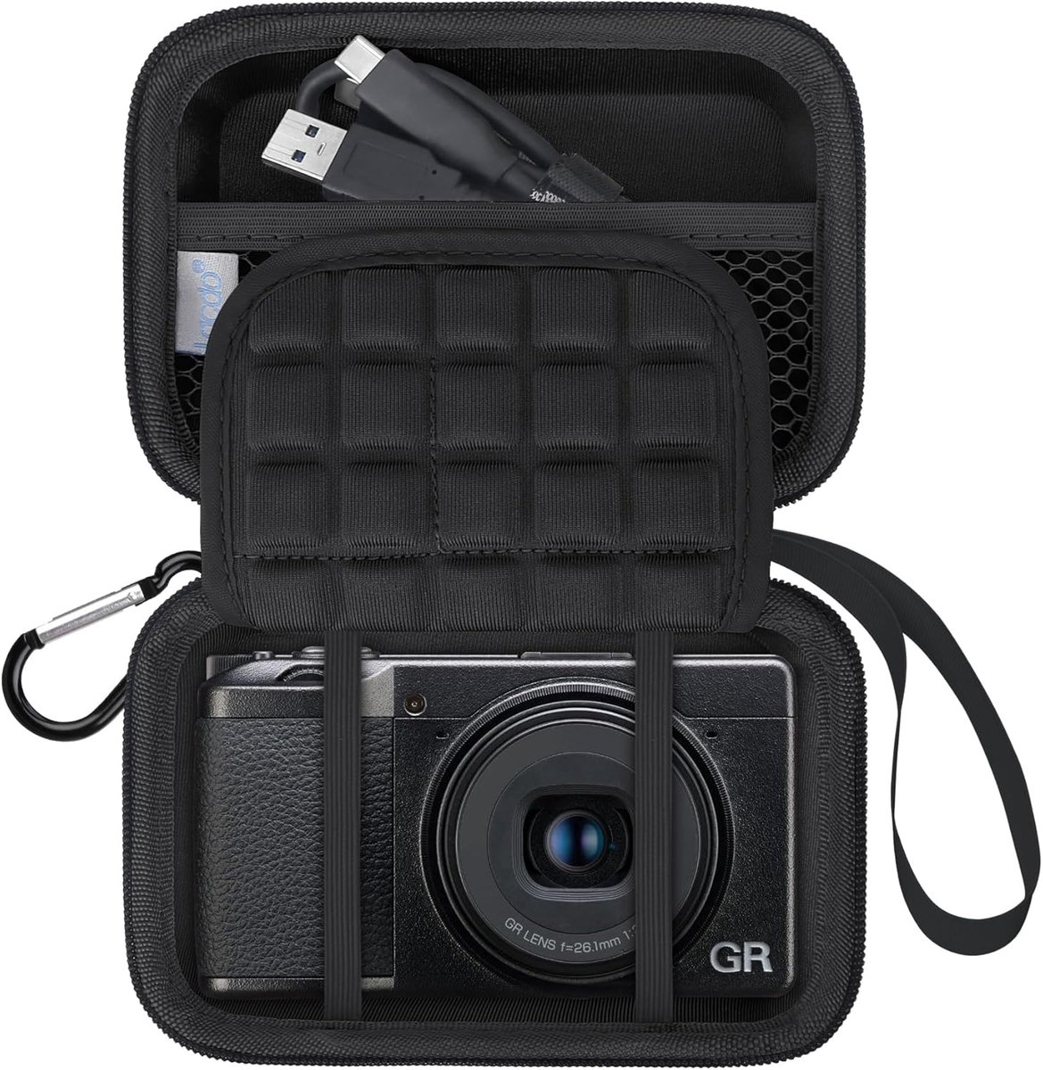 SnelShoppen - Camera Draagtas voor Digitale Camera's - Hard EVA Bescherming - Geschikt voor RICOH GR III/IIIx - Mesh Zak voor Batterijen & USB Kabel -