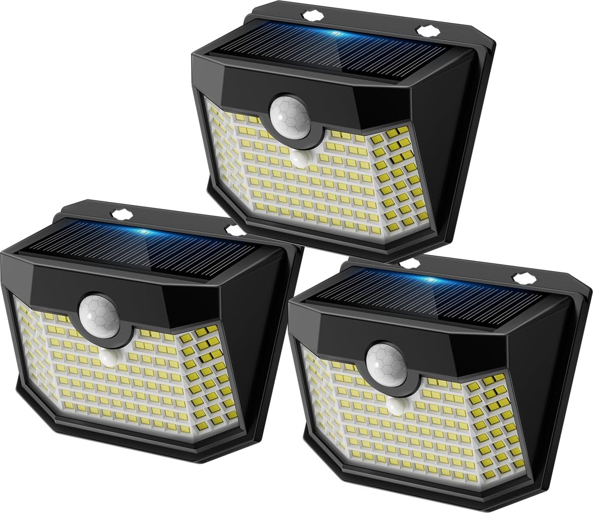 SnelShoppen - Solarlampen Buiten met Sensor, 120LEDs, IP65 Waterdicht, Draadloos, 3 Stuks, Zwart, Tuinverlichting met 3 Verlichtingsstanden, Bewegings