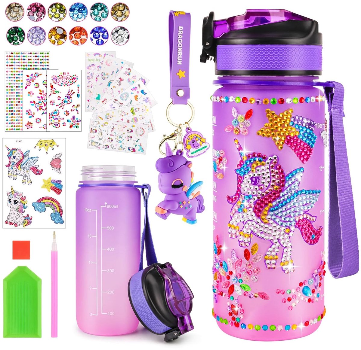 SnelShoppen - Unicorn DIY Drinkfles Craft Set voor Meisjes 4-10 Jaar, Waterfles met 3D Eenhoorn Sleutelhanger, Acryl Diamant Stickers, Creatief Knutse