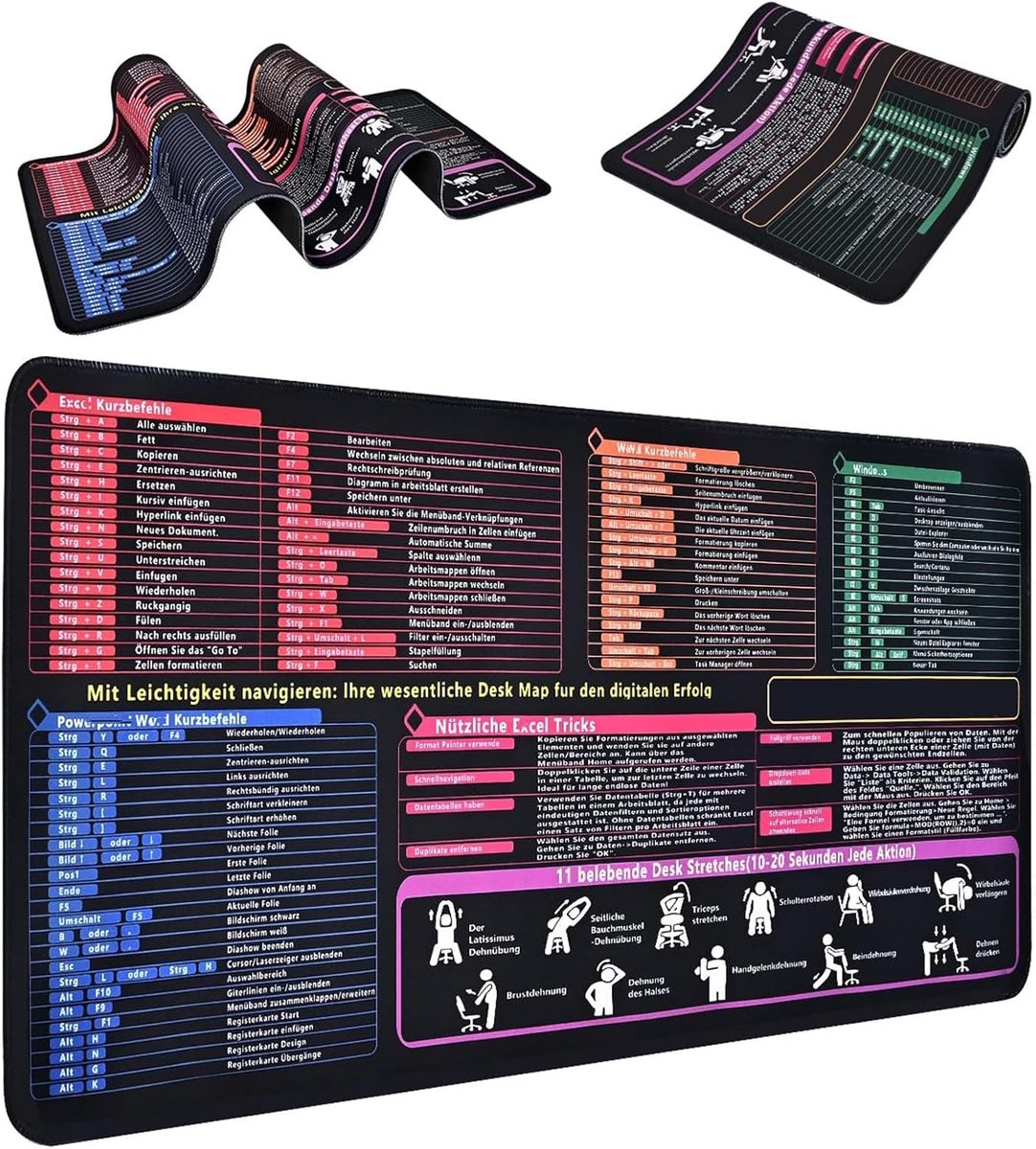 SnelShoppen - XXL Excel Mouse Pad 90 x 40 cm met Gestikte Randen en Antislip Ondergrond - Desk Pad met Duitse Shortcuts voor Kantoor, Thuiswerk en Gam