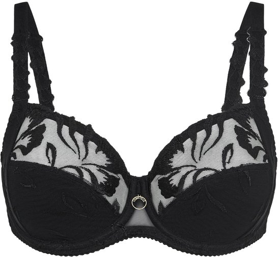 Zwarte beugel BH met geborduurde bloemen op de cups en kanten randjes. Klein hangertje middenvoor.