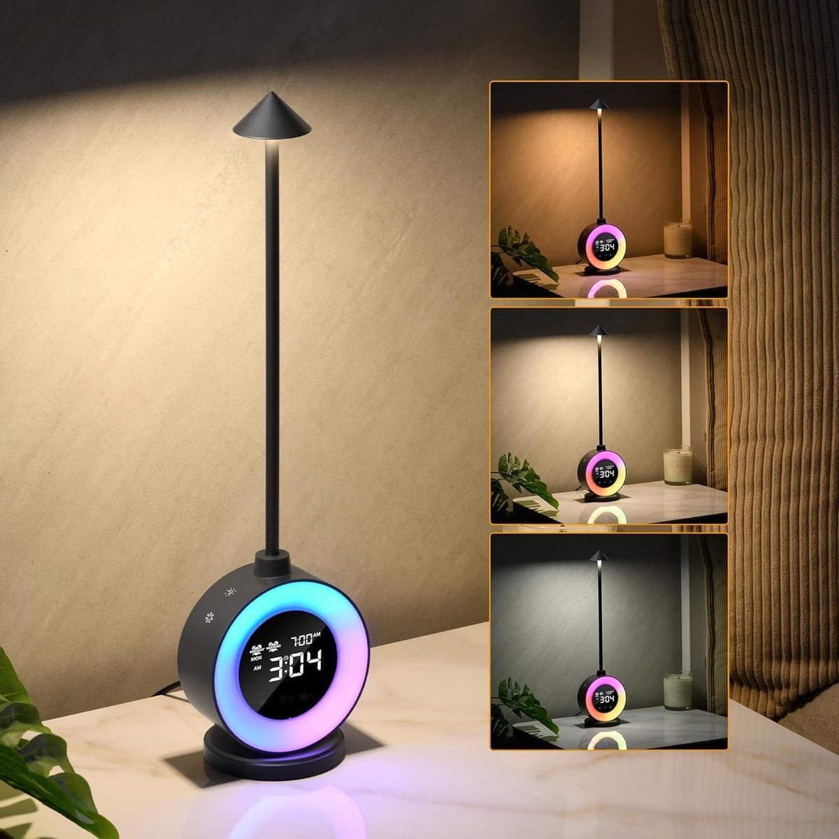 SnelShoppen - Dimbaar LED-nachtlampje met klok, RGB tafellamp, wekker met sluimerfunctie, 7 slaapgeluiden, bureaulamp voor slaapkamer en woonkamer