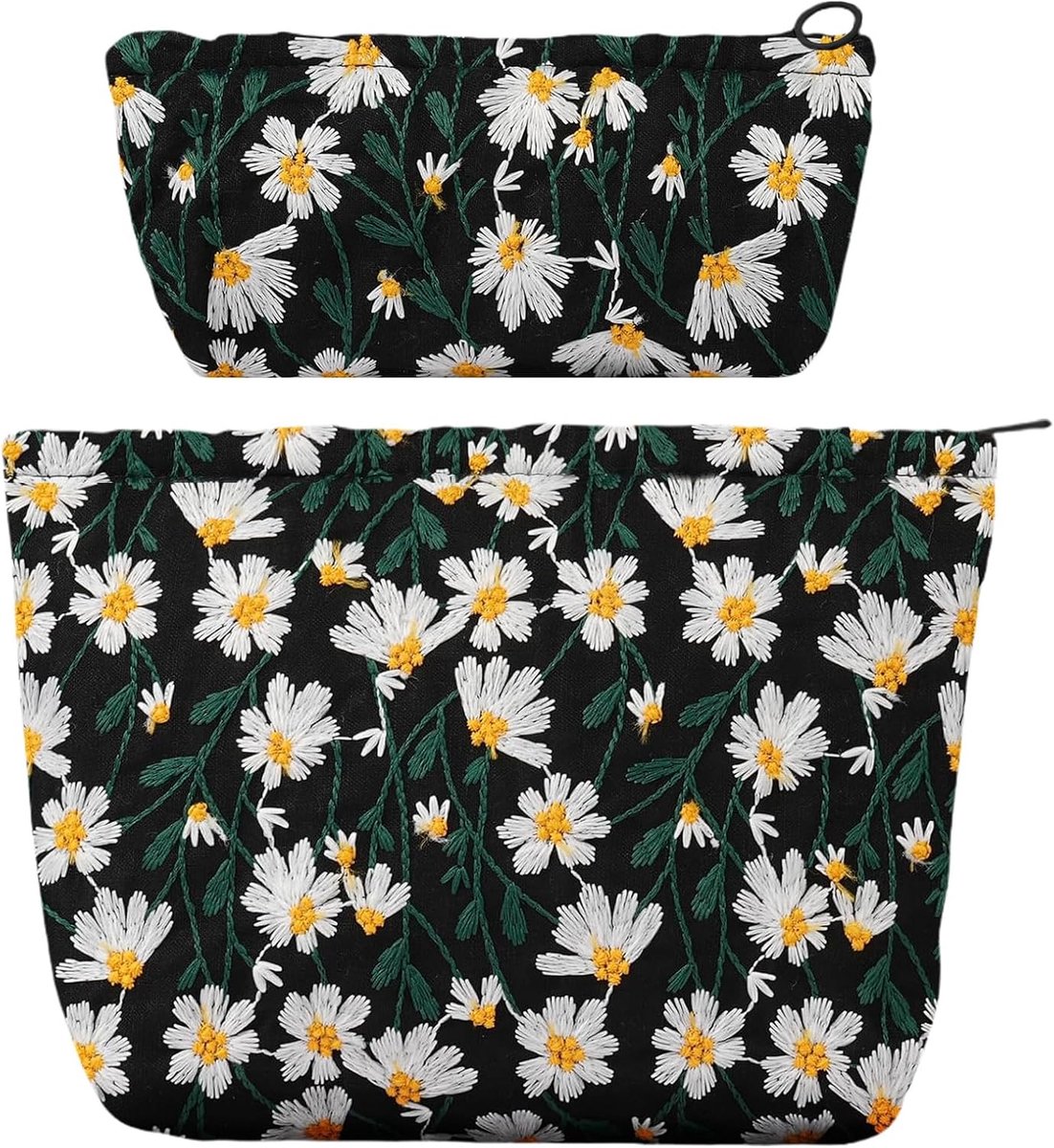 Thijox - Aucuu Cosmetische Tas Set, 2 Stuks, Toilettas en Make-uptas, Multifunctioneel, Geborduurd Bloemenpatroon, Zwart, Ideaal voor Reizen en Dageli