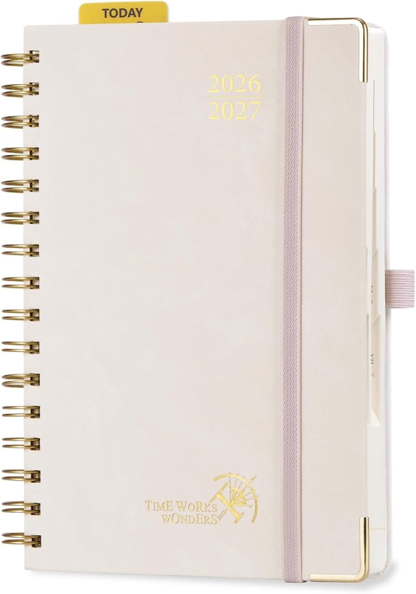 SnelShoppen - Agenda 2026 2027 Dagplanner A5 21,5 x 14,5 cm, 1 Dag 1 Pagina, Spiral Binding, Zachte PU-leer Omslag, Beige, 12 Maanden, Perfect voor We