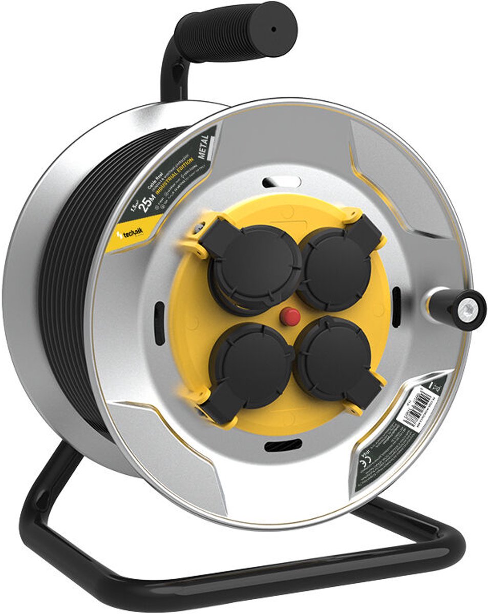 Technik Industriële Kabelhaspel Metaal - 4 Stopcontacten - 25m 1.5mm² H07RN-F - IP44 - 16A