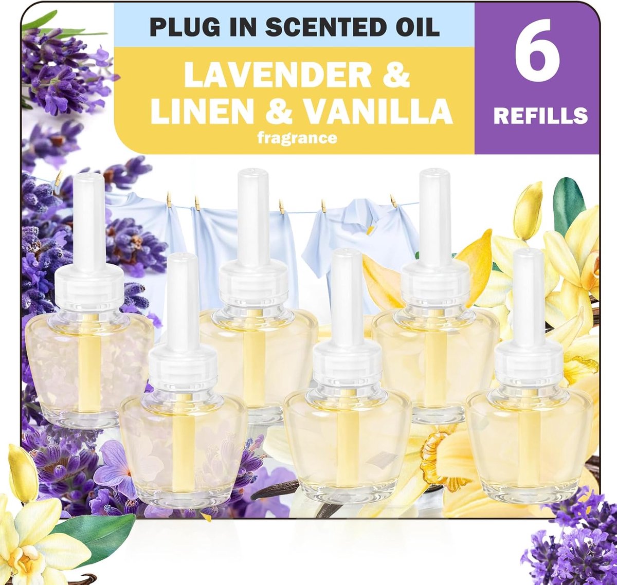 SnelShoppen - Geurolie Fles - Luchtverfrisser met 6 Navullingen - Kamergeur - Mix van Geuren - Geschikt voor Elektrische Diffusers - Vanille, Fris Lin