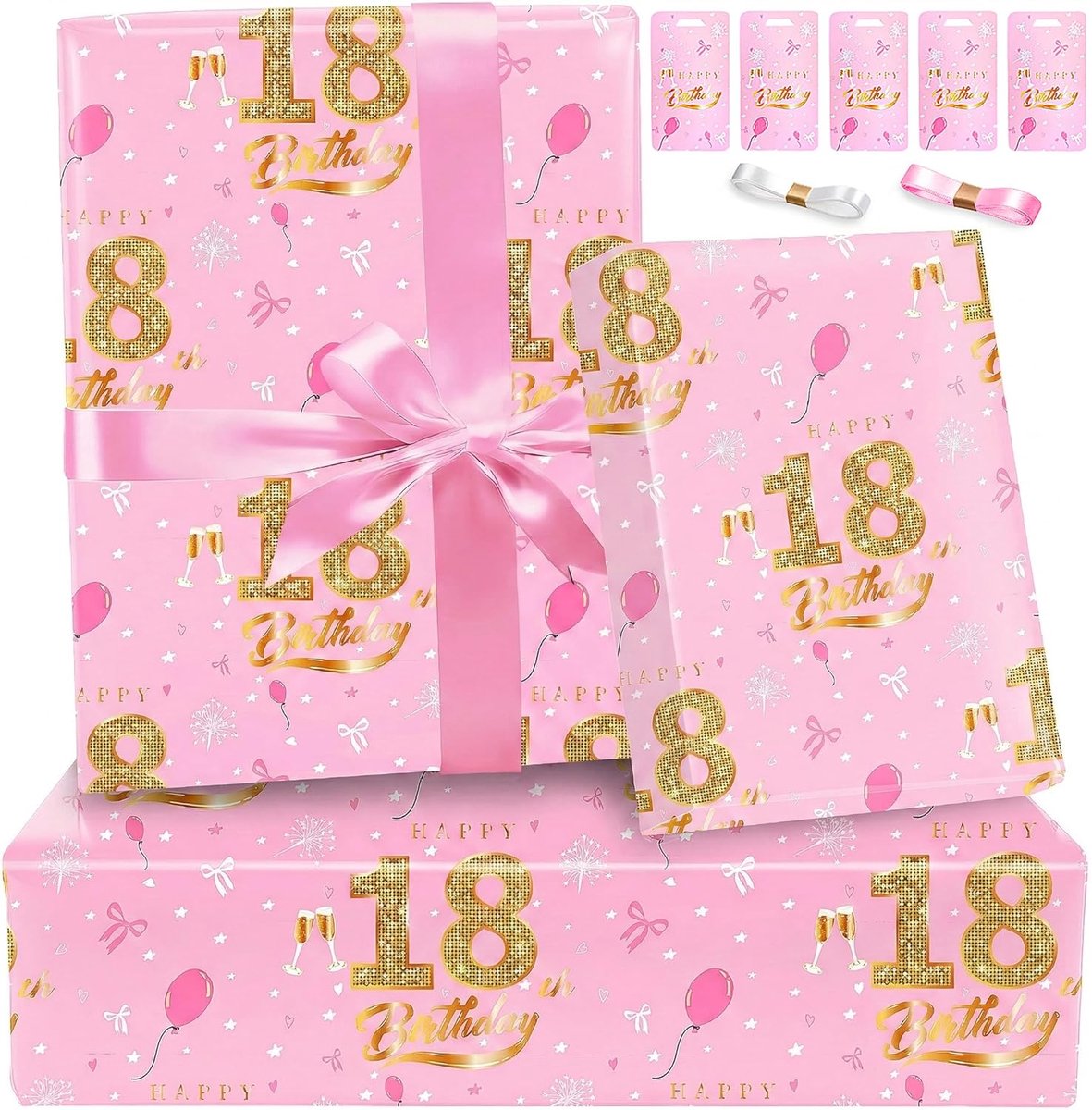 SnelShoppen - Luxe Cadeaupapier 18 Jaar - Roze Goud - Verjaardagscadeau Inpakpapier - Dikke Kwaliteit - 5 Vellen - Perfect voor Meisjes en Vrouwen