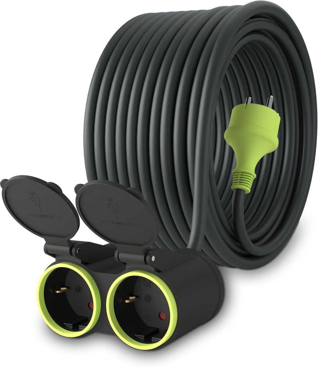 SnelShoppen - 20 m Buiten Verlengsnoer met 2 Schuko Aansluitingen IP44 - Robuust en Waterdicht - 1.5mm² H05RR-F3G - Zwart/Groen - Voor Tuin, Camping e