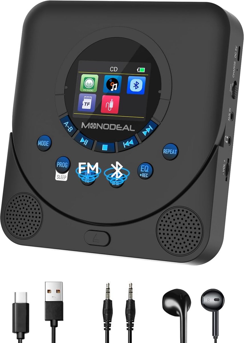 SnelShoppen - Draagbare CD Speler met TFT Display, Bluetooth, FM Radio, Oplaadbare Discman CD Speler met Anti-Skip en Slaap Timer voor Feest, Camping