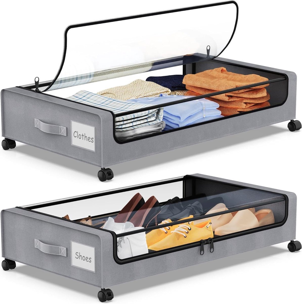 SnelShoppen - 2x Onderbed Opbergbakken met Wielen, Transparante PVC Deksel, Rollen Organizer voor Kleding, Schoenen, Speelgoed, Boeken en Dekens, Grij