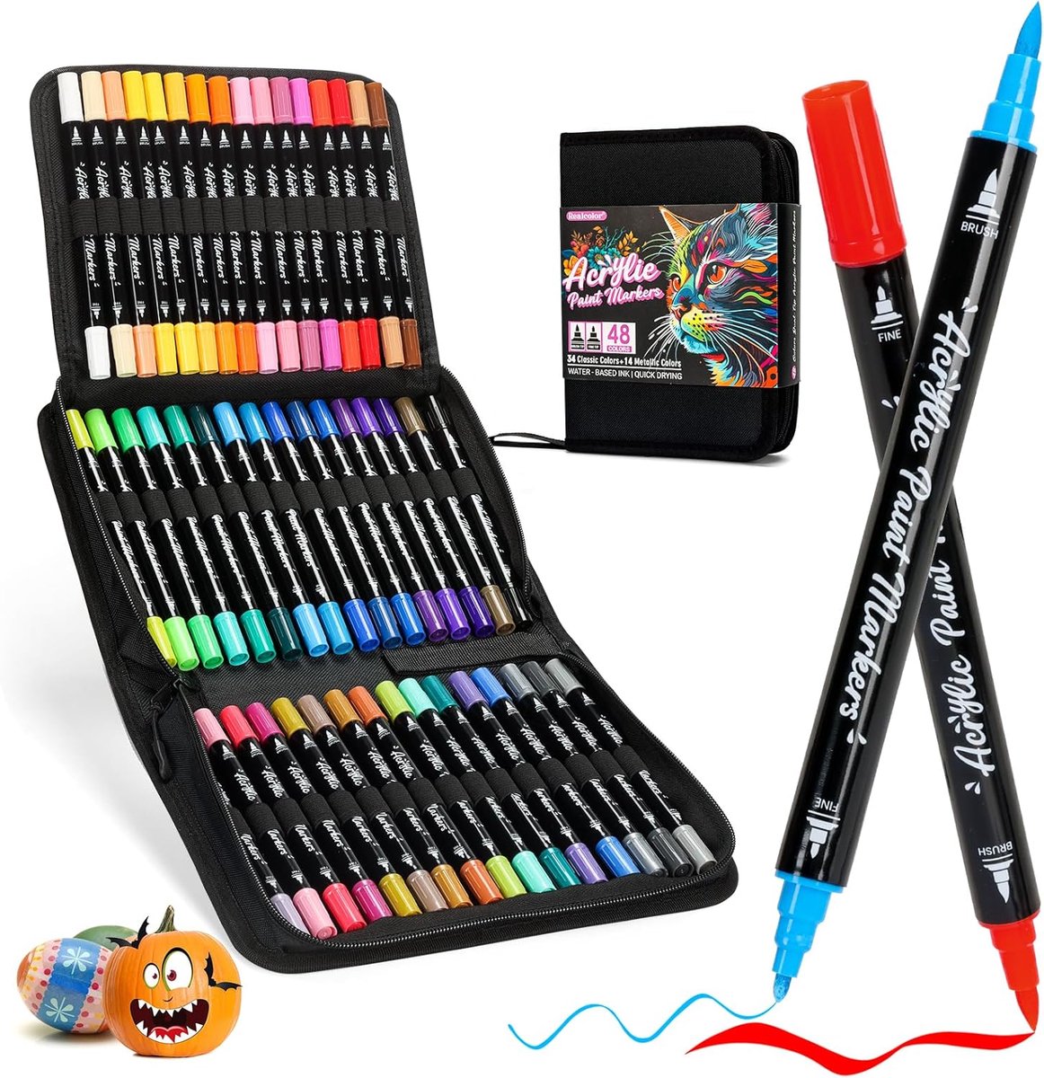 SnelShoppen - 48 Kleur Acrylic Paint Markers met Dubbele Punt - Acryl Verf Stiften voor Rock Painting, Hout, Canvas, Keramiek, Kaarten Maken - Vrolijk