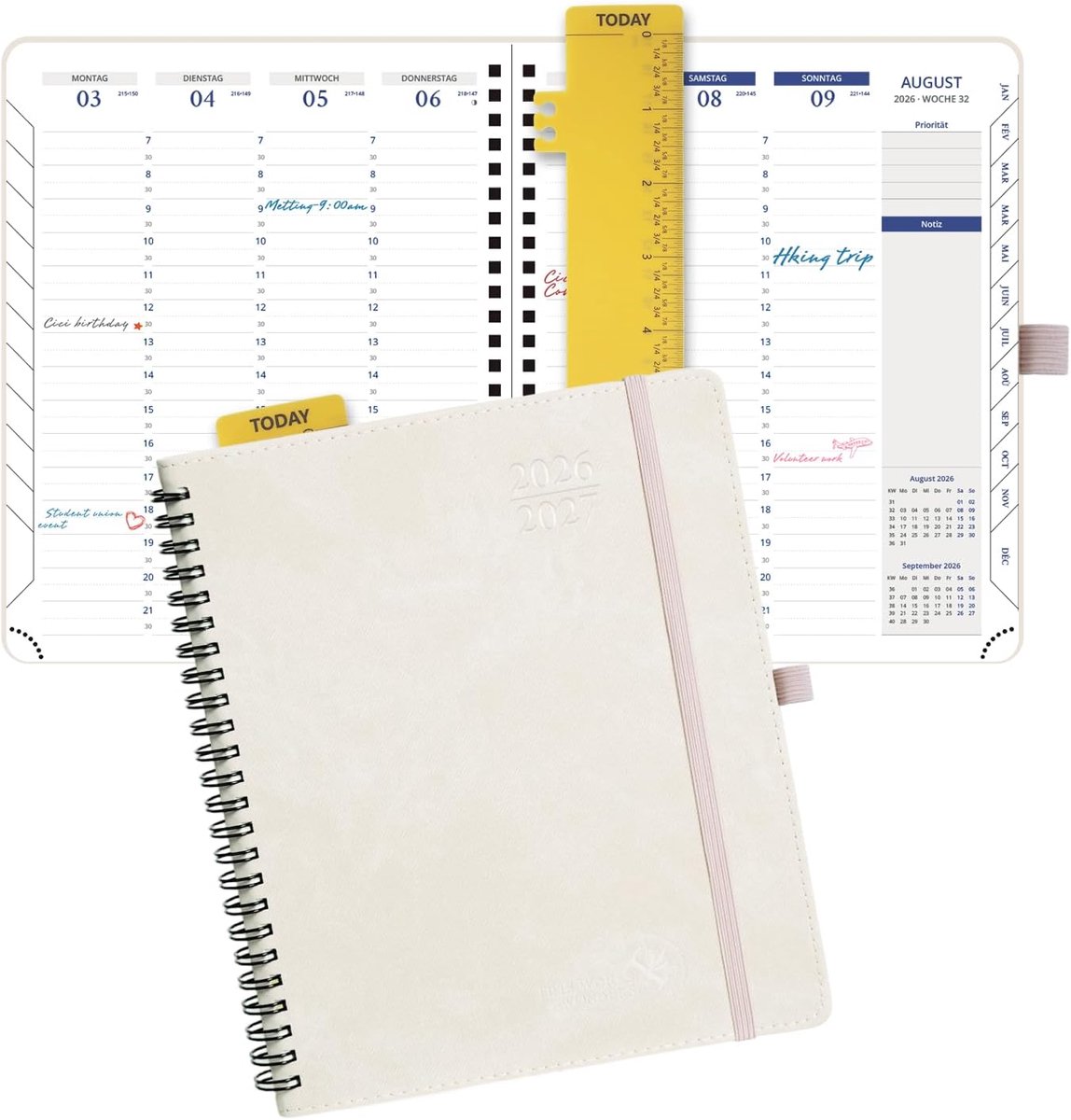 SnelShoppen - Agenda 2026-2027 Weekplanner Duits - Ringband - Zacht Hoes - 17,5 x 21,3 cm - Afspraakkalender met Traptabs - 2 Pagina's per Week - Beig