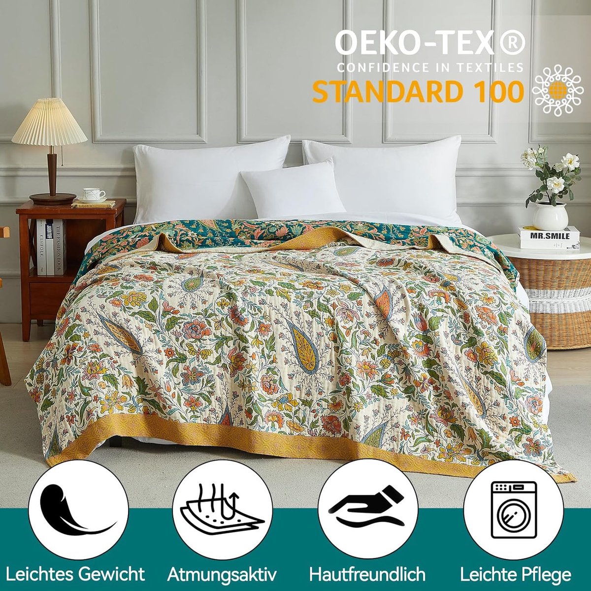 SnelShoppen - Boho Bedspread 150x200 cm - 100% Katoen - Dubbelzijdige Muslin Plaid - Cuddly Sofa en Beddeken - Groene Patchwork Zomerdeken voor Woonka