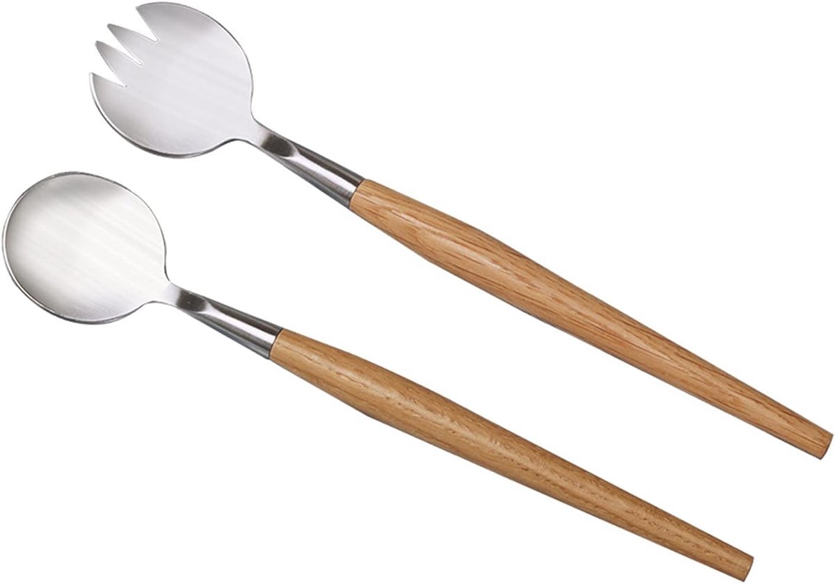 SnelShoppen - RVS Saladebestek Set - Saladelepels en Vorken met Houten Handvat - 28cm Keukenaccessoires - Afwasmachinebestendig - Voor Feest en Diner