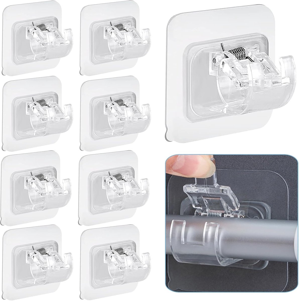 SnelShoppen - Set van 10 Zelfklevende Gordijnroedehouders zonder Nagels - Transparant, Aanpasbaar voor Woonkamer, Slaapkamer, Badkamer, Hotel - 60x60m
