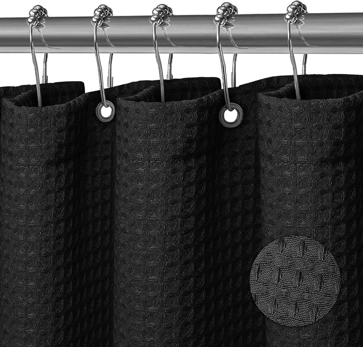 SnelShoppen - Douchegordijn Wasbaar Polyester 180x200cm Waterdicht met 12 Ringen Waffle Zwart voor Badkamer en Douche