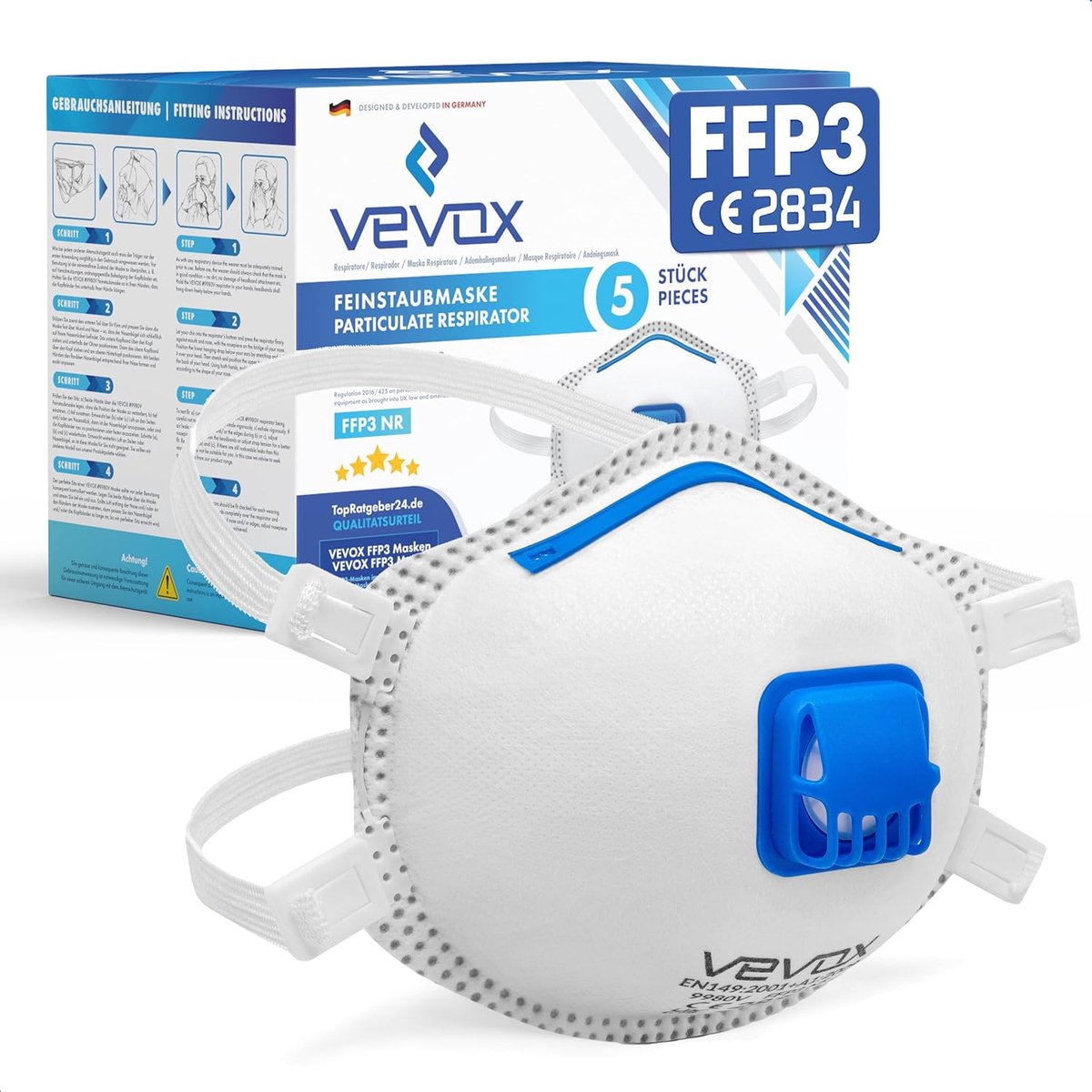 SnelShoppen - FFP3 Stofmasker Set van 5 - Comfort Plus Seal - FFP3 Masker met Ventiel en Filter - Ideaal voor Bouw, Tuin, en Klussen