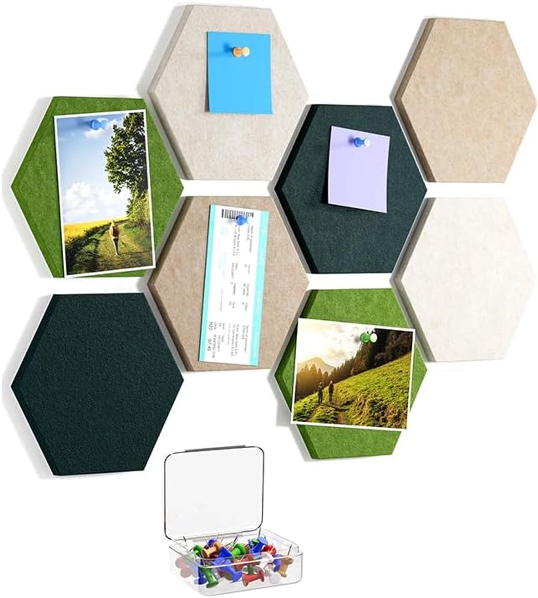 SnelShoppen - Pack van 8 Zelfklevende Hexagon Vilt Pinborden voor Wanddecoratie, Memo- en Notitiebord voor Foto's, Afbeeldingen, Kantoor, School en Th